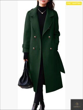 Women's Wool Pea Coat Double Breasted Belted Midi Long Trench Coat Classic